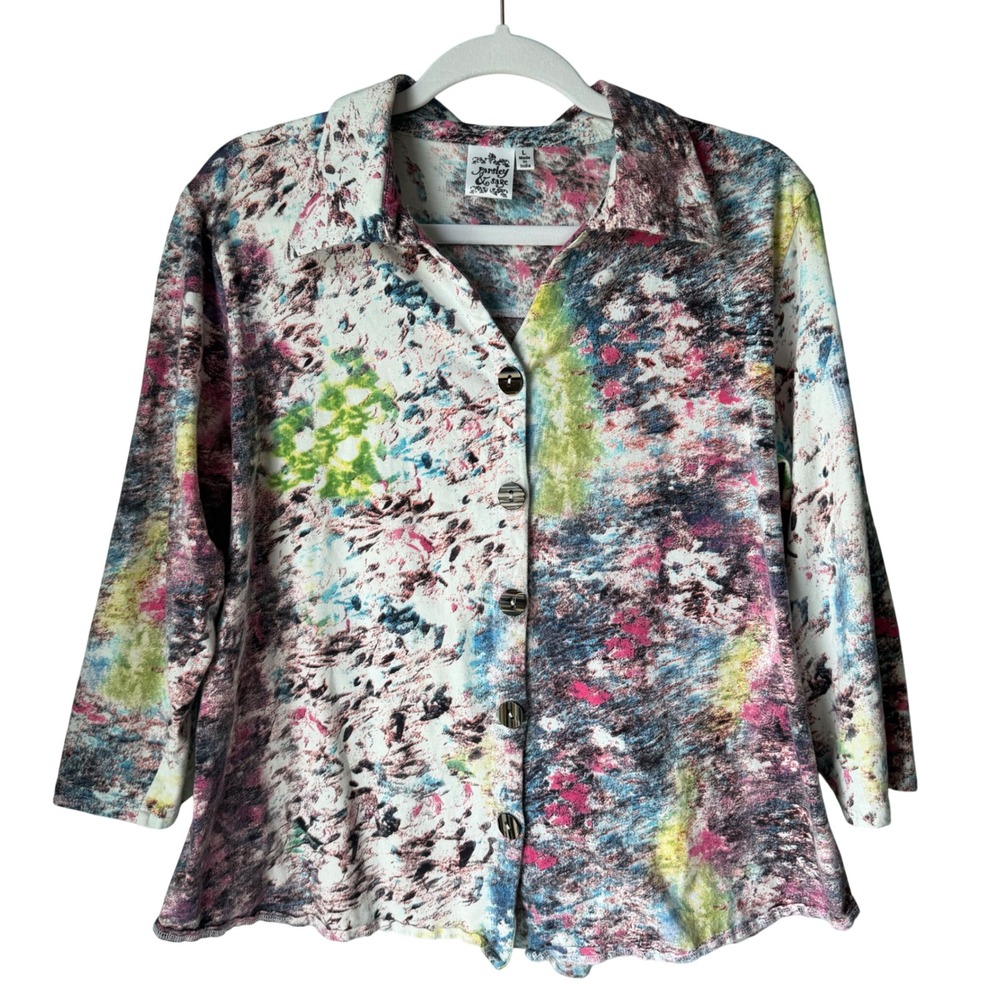Parsley & Sage Button Down Shirt Paint Splatter Abstract Lagenlook Art To Wear L